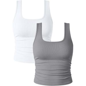 imageOQQ Womens 2 Piece Shirts Ruched Sleeveless Square Neck Seamless Stretch Fit Basic Tee TopsWhite smoke Grey