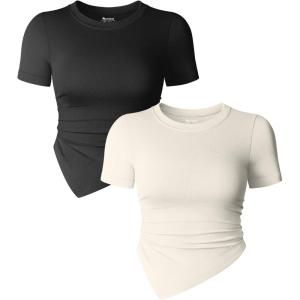 imageOQQ Womens 2 Piece Tops Short Sleeve Crew Neck Ruched Stretch Fitted Tee Shirts TopsBlack beige