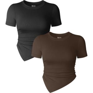 imageOQQ Womens 2 Piece Tops Short Sleeve Crew Neck Ruched Stretch Fitted Tee Shirts TopsBlack darkbrown