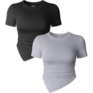 imageOQQ Womens 2 Piece Tops Short Sleeve Crew Neck Ruched Stretch Fitted Tee Shirts TopsBlack grey