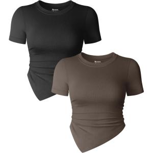 imageOQQ Womens 2 Piece Tops Short Sleeve Crew Neck Ruched Stretch Fitted Tee Shirts TopsBlack tea Leaf