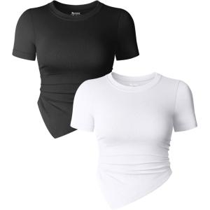 imageOQQ Womens 2 Piece Tops Short Sleeve Crew Neck Ruched Stretch Fitted Tee Shirts TopsBlack white