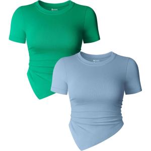 imageOQQ Womens 2 Piece Tops Short Sleeve Crew Neck Ruched Stretch Fitted Tee Shirts TopsGreen haze Blue