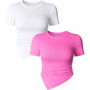 imageOQQ Womens 2 Piece Tops Short Sleeve Crew Neck Ruched Stretch Fitted Tee Shirts TopsRose white