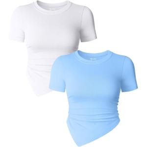 imageOQQ Womens 2 Piece Tops Short Sleeve Crew Neck Ruched Stretch Fitted Tee Shirts TopsWhite candyblue