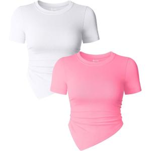 imageOQQ Womens 2 Piece Tops Short Sleeve Crew Neck Ruched Stretch Fitted Tee Shirts TopsWhite candypink