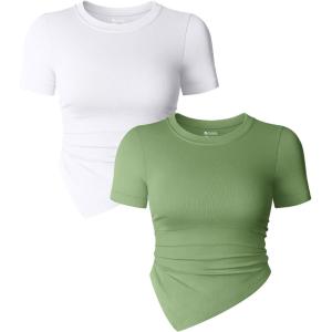 imageOQQ Womens 2 Piece Tops Short Sleeve Crew Neck Ruched Stretch Fitted Tee Shirts TopsWhite pea Green