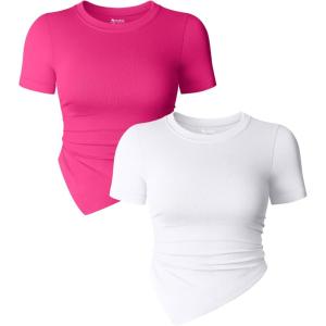 imageOQQ Womens 2 Piece Tops Short Sleeve Crew Neck Ruched Stretch Fitted Tee Shirts TopsWhite pitaya