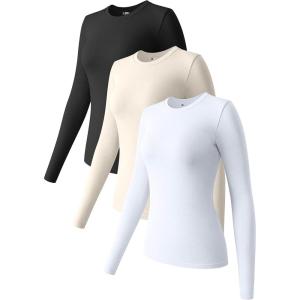imageOQQ Womens 3 Piece Long Sleeve Tops Crew Neck Stretch Fitted Underscrubs Layer Tee Shirts 2025 Casual OutfitsBlack beige white