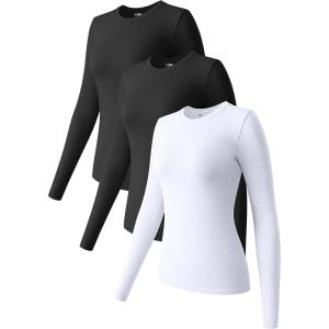 imageOQQ Womens 3 Piece Long Sleeve Tops Crew Neck Stretch Fitted Underscrubs Layer Tee Shirts 2025 Casual OutfitsBlack black white