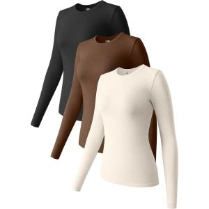imageOQQ Womens 3 Piece Long Sleeve Tops Crew Neck Stretch Fitted Underscrubs Layer Tee Shirts 2025 Casual OutfitsBlack coffee beige