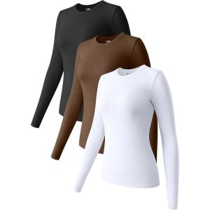 imageOQQ Womens 3 Piece Long Sleeve Tops Crew Neck Stretch Fitted Underscrubs Layer Tee Shirts 2025 Casual OutfitsBlack coffee white
