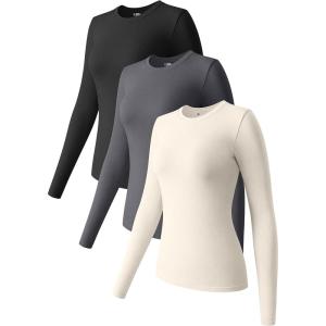 imageOQQ Womens 3 Piece Long Sleeve Tops Crew Neck Stretch Fitted Underscrubs Layer Tee Shirts 2025 Casual OutfitsBlack darkgrey beige