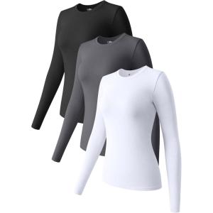 imageOQQ Womens 3 Piece Long Sleeve Tops Crew Neck Stretch Fitted Underscrubs Layer Tee Shirts 2025 Casual OutfitsBlack darkgrey white