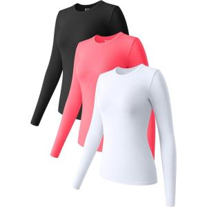 imageOQQ Womens 3 Piece Long Sleeve Tops Crew Neck Stretch Fitted Underscrubs Layer Tee Shirts 2025 Casual OutfitsBlack fluorescent Pink A white