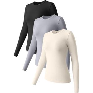 imageOQQ Womens 3 Piece Long Sleeve Tops Crew Neck Stretch Fitted Underscrubs Layer Tee Shirts 2025 Casual OutfitsBlack grey beige