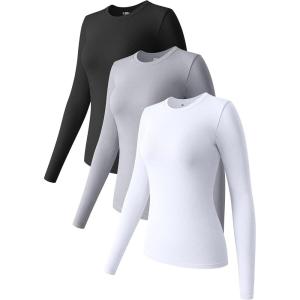 imageOQQ Womens 3 Piece Long Sleeve Tops Crew Neck Stretch Fitted Underscrubs Layer Tee Shirts 2025 Casual OutfitsBlack grey white