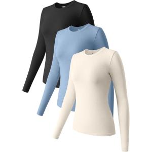 imageOQQ Womens 3 Piece Long Sleeve Tops Crew Neck Stretch Fitted Underscrubs Layer Tee Shirts 2025 Casual OutfitsBlack hazeblue beige