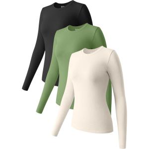imageOQQ Womens 3 Piece Long Sleeve Tops Crew Neck Stretch Fitted Underscrubs Layer Tee Shirts 2025 Casual OutfitsBlack pea Green beige