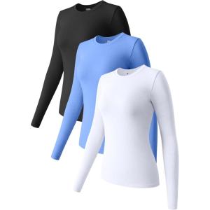 imageOQQ Womens 3 Piece Long Sleeve Tops Crew Neck Stretch Fitted Underscrubs Layer Tee Shirts 2025 Casual OutfitsBlack skyblue white