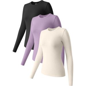 imageOQQ Womens 3 Piece Long Sleeve Tops Crew Neck Stretch Fitted Underscrubs Layer Tee Shirts 2025 Casual OutfitsBlack taro Purple beige