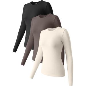 imageOQQ Womens 3 Piece Long Sleeve Tops Crew Neck Stretch Fitted Underscrubs Layer Tee Shirts 2025 Casual OutfitsBlack tea Leaf beige