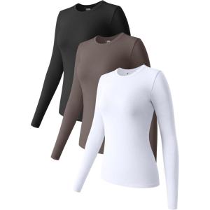 imageOQQ Womens 3 Piece Long Sleeve Tops Crew Neck Stretch Fitted Underscrubs Layer Tee Shirts 2025 Casual OutfitsBlack tea Leaf white