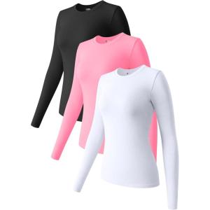 imageOQQ Womens 3 Piece Long Sleeve Tops Crew Neck Stretch Fitted Underscrubs Layer Tee Shirts 2025 Casual OutfitsBlack white candypink