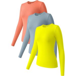 imageOQQ Womens 3 Piece Long Sleeve Tops Crew Neck Stretch Fitted Underscrubs Layer Tee Shirts 2025 Casual OutfitsCoralorange haze Blue yellow