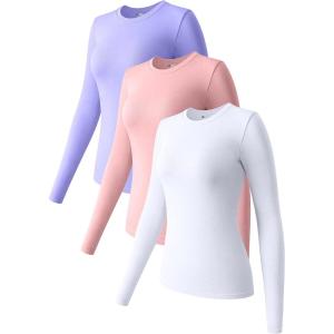 imageOQQ Womens 3 Piece Long Sleeve Tops Crew Neck Stretch Fitted Underscrubs Layer Tee Shirts 2025 Casual OutfitsPurple pink white