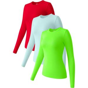 imageOQQ Womens 3 Piece Long Sleeve Tops Crew Neck Stretch Fitted Underscrubs Layer Tee Shirts 2025 Casual OutfitsRed sea Salt Blue fluorescent Green