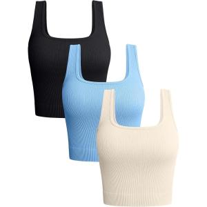imageOQQ Womens 3 Piece Tank Tops Ribbed Seamless Workout Exercise Shirts 2025 Summer Basic CamisBlack Candyblue Beige