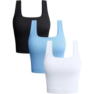 imageOQQ Womens 3 Piece Tank Tops Ribbed Seamless Workout Exercise Shirts 2025 Summer Basic CamisBlack Candyblue White
