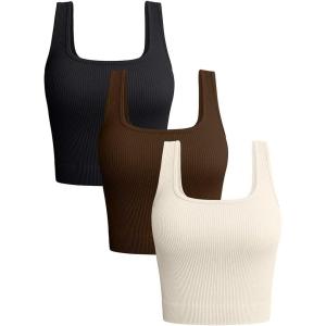 imageOQQ Womens 3 Piece Tank Tops Ribbed Seamless Workout Exercise Shirts 2025 Summer Basic CamisBlack Coffee Beige