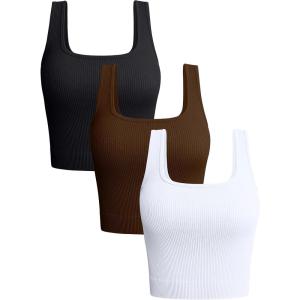 imageOQQ Womens 3 Piece Tank Tops Ribbed Seamless Workout Exercise Shirts 2025 Summer Basic CamisBlack Coffee White
