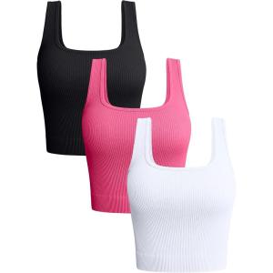 imageOQQ Womens 3 Piece Tank Tops Ribbed Seamless Workout Exercise Shirts 2025 Summer Basic CamisBlack Coral White