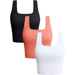 imageOQQ Womens 3 Piece Tank Tops Ribbed Seamless Workout Exercise Shirts 2025 Summer Basic CamisBlack Coralorange White