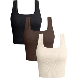 imageOQQ Womens 3 Piece Tank Tops Ribbed Seamless Workout Exercise Shirts 2025 Summer Basic CamisBlack Darkbrown Beige