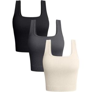 imageOQQ Womens 3 Piece Tank Tops Ribbed Seamless Workout Exercise Shirts 2025 Summer Basic CamisBlack Darkgrey Beige
