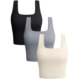 imageOQQ Womens 3 Piece Tank Tops Ribbed Seamless Workout Exercise Shirts 2025 Summer Basic CamisBlack Grey Beige