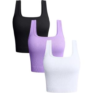 imageOQQ Womens 3 Piece Tank Tops Ribbed Seamless Workout Exercise Shirts 2025 Summer Basic CamisBlack Lavender White