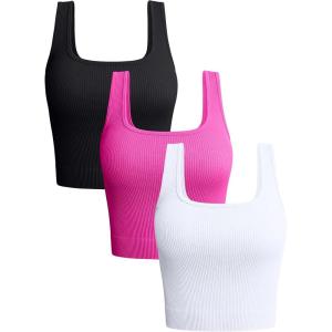 imageOQQ Womens 3 Piece Tank Tops Ribbed Seamless Workout Exercise Shirts 2025 Summer Basic CamisBlack Rose White