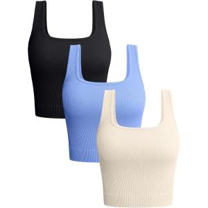 imageOQQ Womens 3 Piece Tank Tops Ribbed Seamless Workout Exercise Shirts 2025 Summer Basic CamisBlack Skyblue Beige