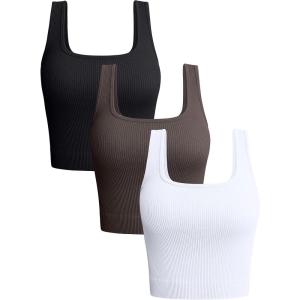 imageOQQ Womens 3 Piece Tank Tops Ribbed Seamless Workout Exercise Shirts 2025 Summer Basic CamisBlack Tea Leaf White