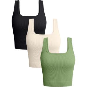 imageOQQ Womens 3 Piece Tank Tops Ribbed Seamless Workout Exercise Shirts 2025 Summer Basic CamisBlack pea Green beige