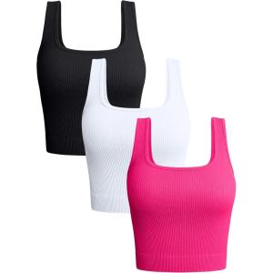 imageOQQ Womens 3 Piece Tank Tops Ribbed Seamless Workout Exercise Shirts 2025 Summer Basic CamisBlack pitaya white