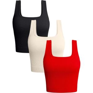 imageOQQ Womens 3 Piece Tank Tops Ribbed Seamless Workout Exercise Shirts 2025 Summer Basic CamisBlack red beige