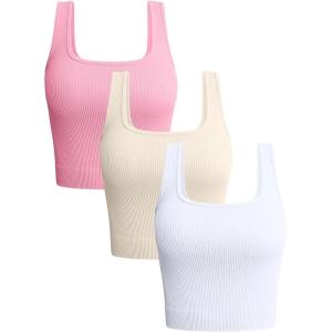 imageOQQ Womens 3 Piece Tank Tops Ribbed Seamless Workout Exercise Shirts 2025 Summer Basic CamisCandypink Beige White