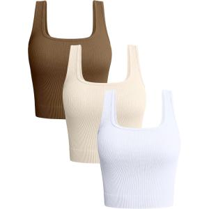 imageOQQ Womens 3 Piece Tank Tops Ribbed Seamless Workout Exercise Shirts 2025 Summer Basic CamisCoffee Beige White