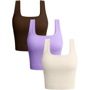 imageOQQ Womens 3 Piece Tank Tops Ribbed Seamless Workout Exercise Shirts 2025 Summer Basic CamisCoffee Lavender Beige